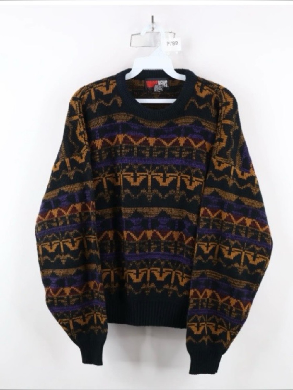 Vintage 90s Today’s News - Men's Black Geometric Pattern Crewneck Sweater